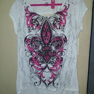Stylish White and Pink Fleur-de-Lis Blouse
